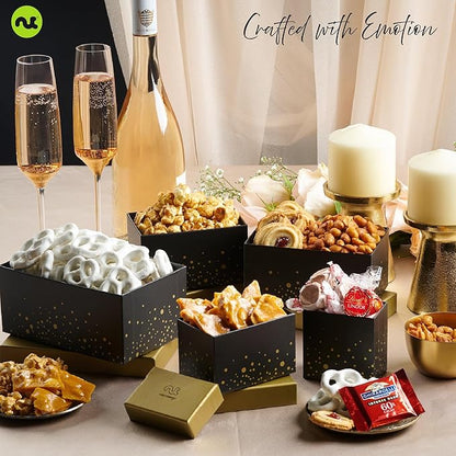 NUT CRAVINGS - Thanksgiving Chocolate Covered Pretzels & Caramel Popcorn Gift Basket, in Black Tower + Ribbon (8 Assortments) Holiday Xmas Christmas Healthy Snack Care Package