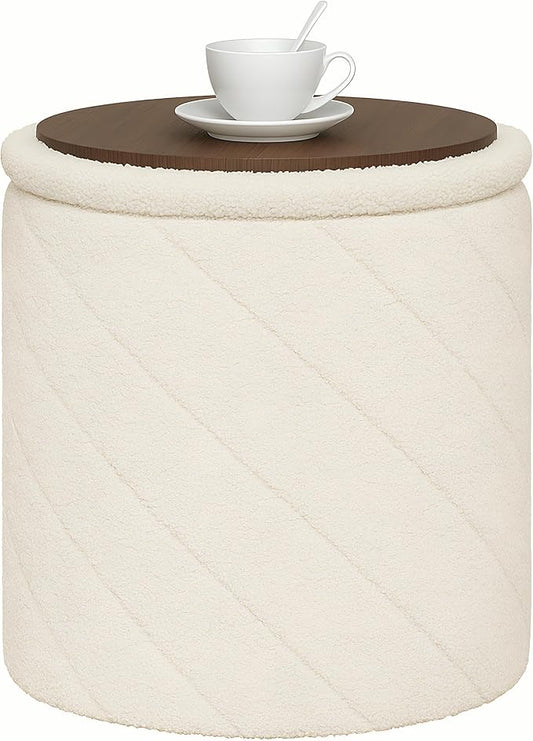 B FSOBEIIALEO Ottoman with Stroage, Boucle Round Storage Ottoman with Tray, Foot Rest Stool for Dorm Room, Living Room White, 16.93"x16.93"x17.72"