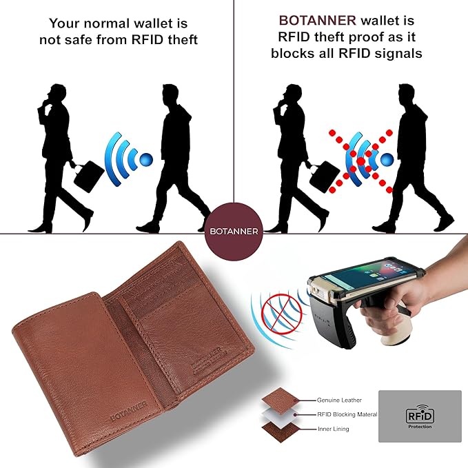 Genuine Leather Mens Trifold Wallet RFID Blocking 6 Credit Card Slots 1 ID Window 1 Section for Bills 2 Hidden Pockets- Choco