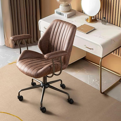 Mid Century Modren Office Chair - Fuax Leather Suede Brown Executive Chairs Ergonomic Mid Back with Lumbar Support, Swivel Computer Desk Task Chair with Wheels for Home Office (Dark Brown, Mid Back)