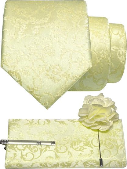 JEMYGINS Mens Floral Tie and Lapel Pin Necktie Pocket Square and Tie Clip with Sets for Business Casual 4PCS