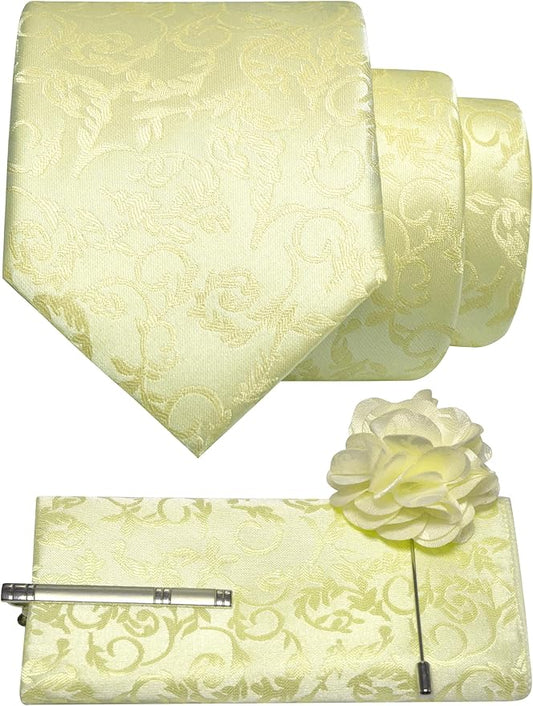 JEMYGINS Mens Floral Tie and Lapel Pin Necktie Pocket Square and Tie Clip with Sets for Business Casual 4PCS