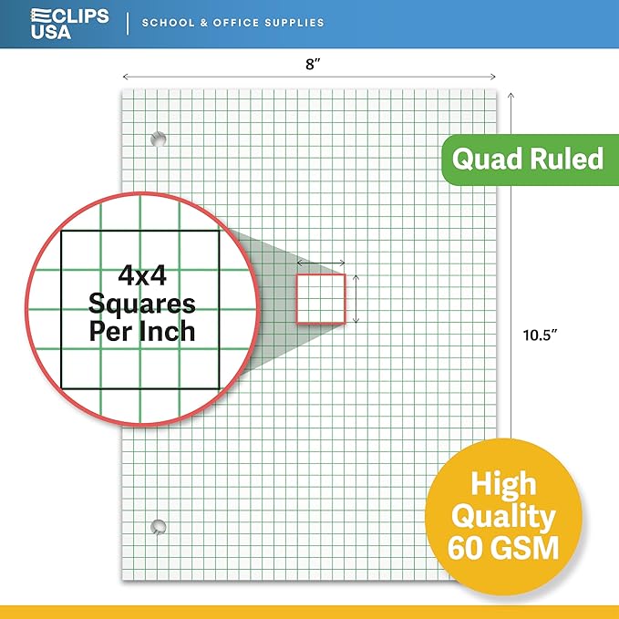 Loose Leaf Graph Paper 4 x 4 An Inch Quad Ruled Graph Paper 10.5” x 8” Graphing Paper 100 Per Sheets Per Pack 60 gsm (12 Pack)