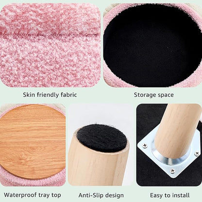 Mxfurhawa Versatile Storage Ottoman, Round Footstool with Soft Padded Seat, Small End Table with 4 Wood Legs, Teddy Velvet Foot Rest for Couch,Shoe Changing Stool for Living Room (Pink)