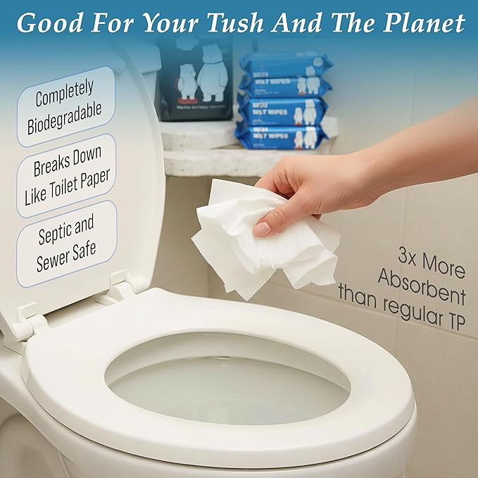 Flushable Wet Wipes for Adults, Travel Size 8 Pack (10 Count), Unscented pH Balanced Wipes, Plant-Based & Biodegradable, Hypoallergenic Disposable Wipes for On-the-Go Freshness