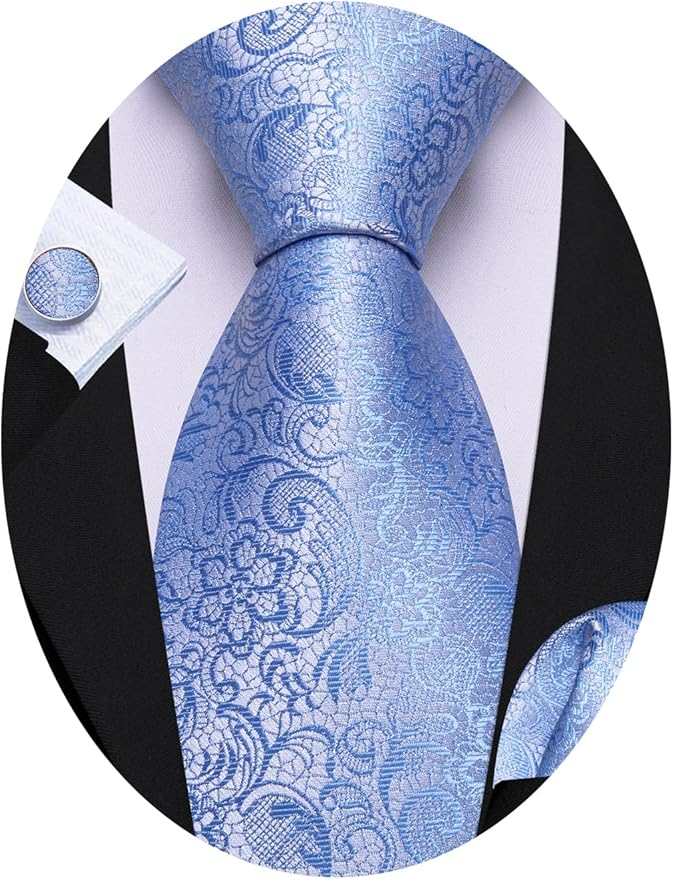 Barry.Wang Tie Sets for Men Silk Solid Necktie Stain Ties Handkerchief Pocket Square Cufflinks Wedding Business Dyed