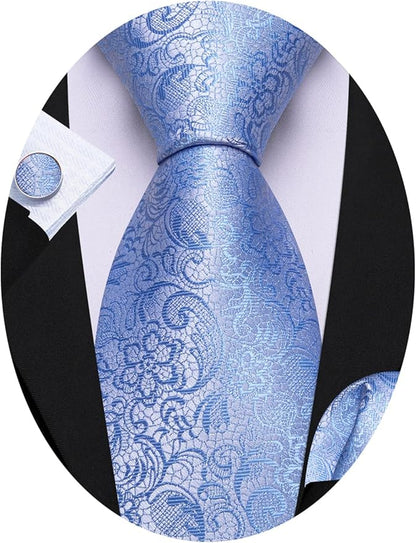 Barry.Wang Tie Sets for Men Silk Solid Necktie Stain Ties Handkerchief Pocket Square Cufflinks Wedding Business Dyed
