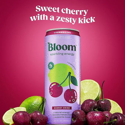 Bloom Nutrition Sparkling Energy Drink - Natural Caffeine, Zero Sugar, 180mg Caffeine - Antioxidant-Rich w/Green Coffee Bean, Green Tea Extract, Prebiotics - Cherry Lime - 12oz 12 pk