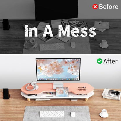 2 Tier Dual Monitor Stand Riser,Wider Board Computer Monitor Stand for 2 Monitors,Slot For Phone/Tablet Office Desktop Organizer for Laptop,PC,Computer,Printer,Pink