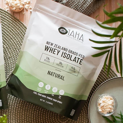 Taha Health & Nutrition Natural Unflavored Whey Protein Isolate, 30g Protein, 7.9g BCAAs, 4.3g Leucine | New Zealand Grass-Fed, Free-Range Dairy | Gluten & Soy Free, Keto, Kosher | 2LB, ~26 Servings