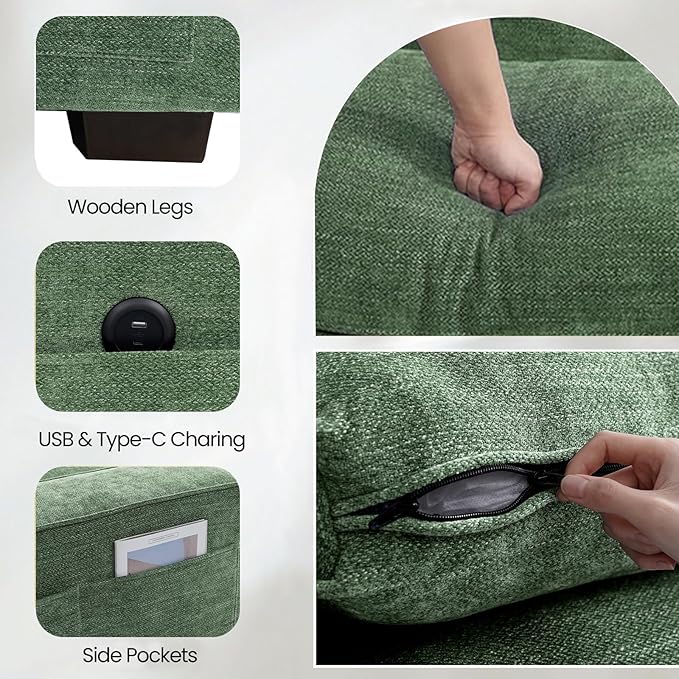 TEKAMON 100" Modular Sectional Sofa with Seats Storage, U Shaped Couch with Movable Ottomans, Chenille Fabric Couch for Living Room, USB Port, Removable Cover(Green, 3 Seater & 2 Ottomans- U Shape)