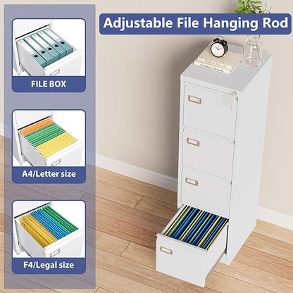 4 Drawer File Cabinet with Lock, Metal Filing Cabinets, Vertical Small Filing Cabinet Steel Lockable Storage Cabinets for Home Office to Organization Hanging Letter/Legal/F4/A4