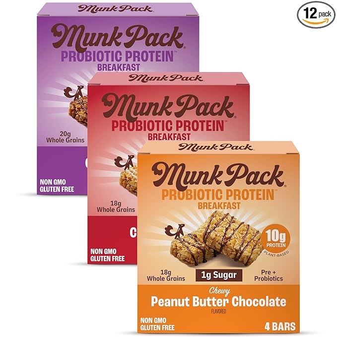 Munk Pack Variety Pack Probiotic Protein Bars Stocking Stuffers | 10g Plant Protein, 1g Sugar, 6g Fiber |Diabetic-Friendly Ideal Breakfast Bars - On-the-Go Snacks, Gluten-Free, Non-GMO | 12 Count