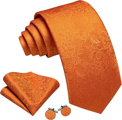 Barry.Wang Tie Sets for Men Silk Solid Necktie Stain Ties Handkerchief Pocket Square Cufflinks Wedding Business Dyed
