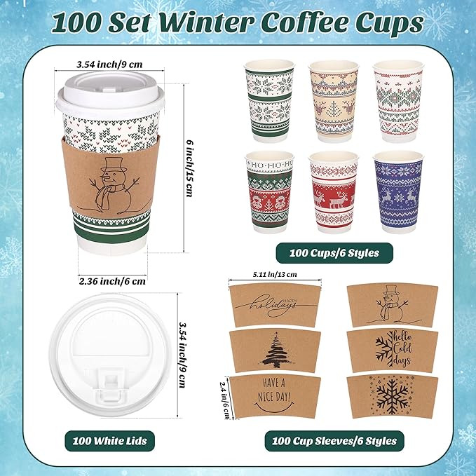 100 Set Christmas Paper Coffee Cups 16 Oz Double-Layer Ugly Christmas Sweater Paper Cups with Lids Cup Sleeves Disposable Winter Cups for Cold Hot Beverages Xmas Party Supplies, 6 Designs