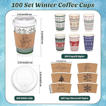 100 Set Christmas Paper Coffee Cups 16 Oz Double-Layer Ugly Christmas Sweater Paper Cups with Lids Cup Sleeves Disposable Winter Cups for Cold Hot Beverages Xmas Party Supplies, 6 Designs