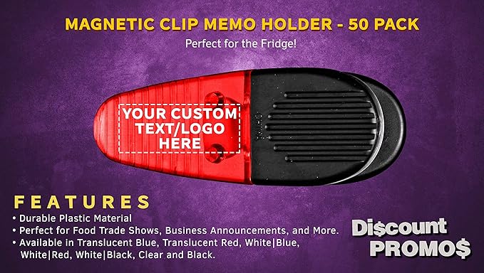 50 Magnetic Memo Holders Set - Customizable Text, Logo - Large Clip, Plastic - TRed