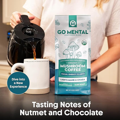 Organic Lion's Mane and Chaga Mushroom Coffee Dark Roast, Full Fruiting Bodies, For Enhanced Brain Function, Immune Support, Wellbeing, Grade 1 Single Origin Peruvian, 12oz - Ground (2 Pack)