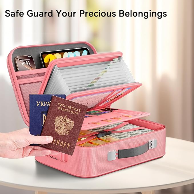 Fireproof Document Box, Hard Case Fireproof Box with Lock, Portable Hard-Shell Fireproof Water Resistant Document Safe for Important Documents, Laptops, Passports, Files and More (Pink)
