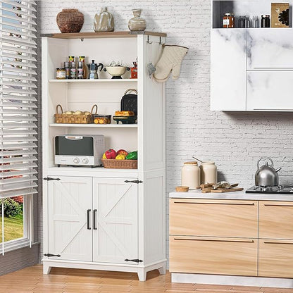 70in Tall Bookshelf 5 Tier Bookcase with Barn Doors and Storage Cabinet, White Farmhouse Book Shelf with Adjustable Shelves, Wood Freestanding Display Bookshelves for Bedroom, Kitchen (3PCS)