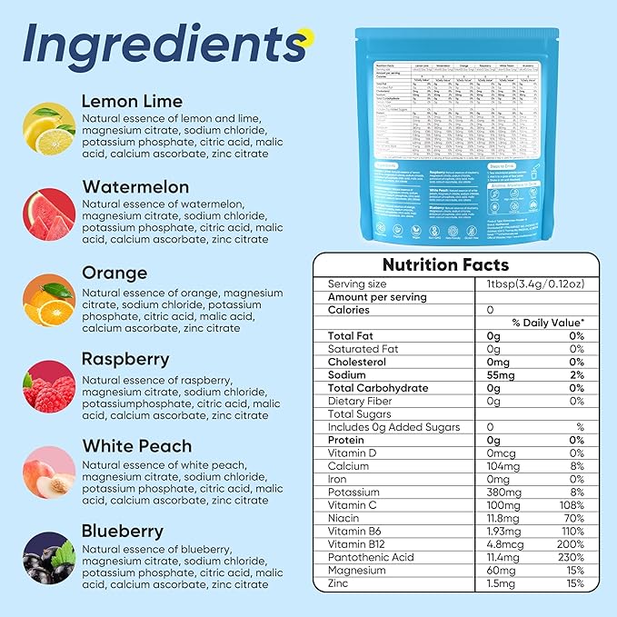 VitalHarvest 24 Sticks Electrolytes Powder Packets 6 Flavors Sugar Free Hydration Packets Electrolyte Liquid Daily IV Drink Mix with Lemon Lime, Watermelon, Orange, Raspberry, White Peach, Blueberry