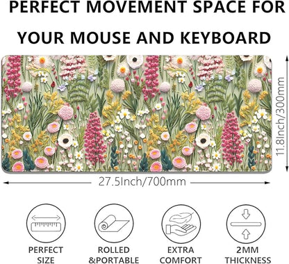 Embroidered Flower Wildflower Embroidery 3D Pattern Mouse Pad Desk Pad,Stitched Edges Non-Slip Waterproof Rubber Base Mous Mat for Office,Computer,Keyboard,Laptop and Home Desk Pad(27.5X11.8 in)