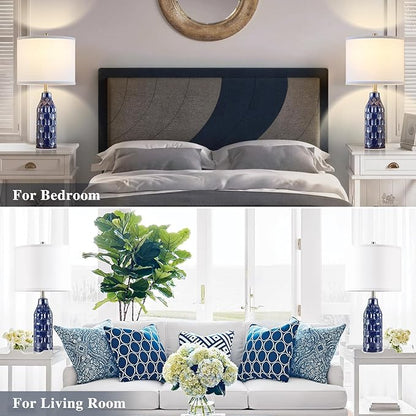 Luvkczc 24.8" Ceramic Table Lamps Set of 2 for Nightstand - 3 Color Temperature&Bulbs Included, Bedside Lamps for Living Room Bedroom Home Office Table Decor, Navy Blue