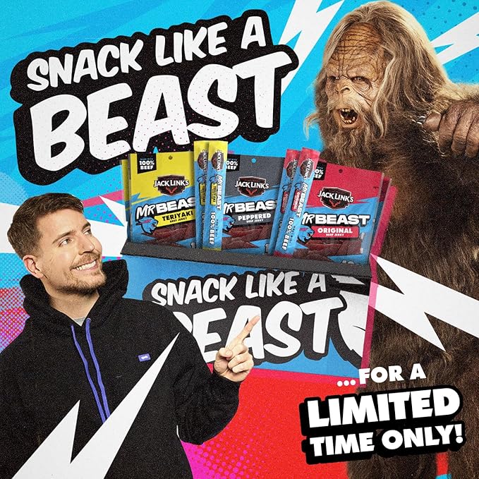 Jack Link’s x MrBeast Beast Beef Jerky Variety Box, 1.25oz Jerky Bags, 0.92oz Beast Sticks, Made with 100% Real Beef, Pantry-Ready, Kids Snacks