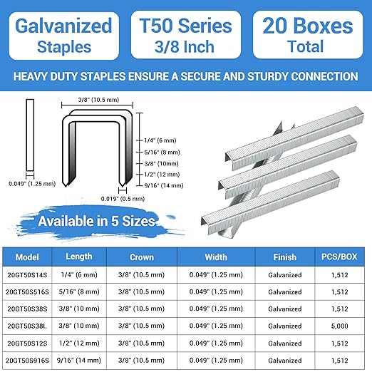 meite T50 Heavy Duty Staples, 3/8 Inch Galvanized T50 Staples for Staple Gun, 20 Gauge 3/8 Inch Crown Staple for Upholstery, Construction, Furniture (1 Case)
