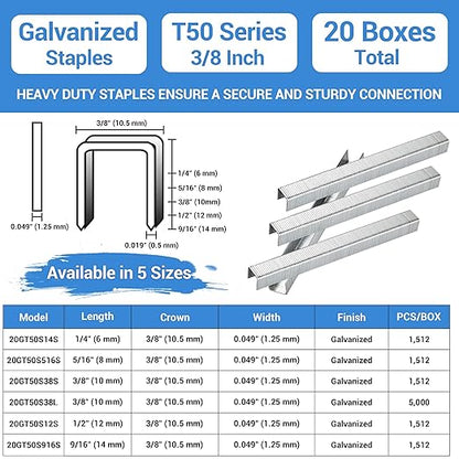 meite T50 Heavy Duty Staples, 3/8 Inch Galvanized T50 Staples for Staple Gun, 20 Gauge 3/8 Inch Crown Staple for Upholstery, Construction, Furniture (1 Case)