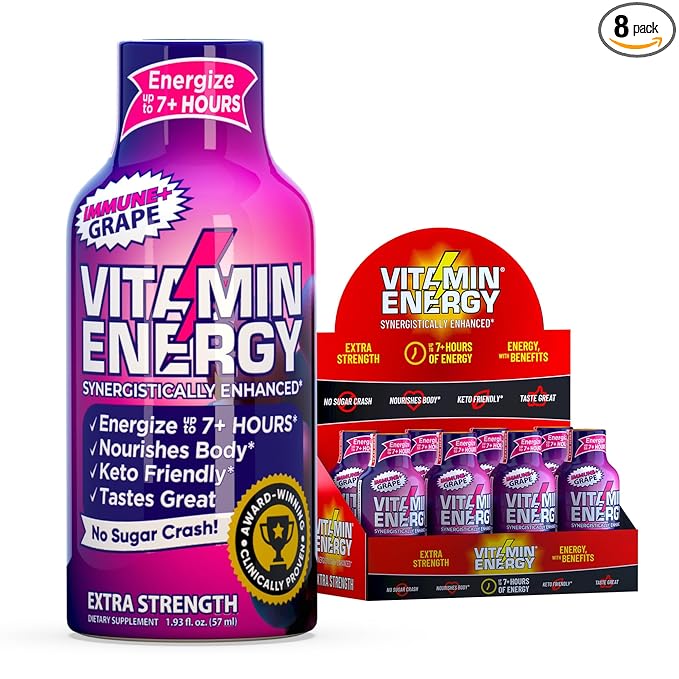 Vitamin Energy Immune+ Extra Strength Energy Shot Grape 8 Pack, 260mg Natural Caffeine, B-Vitamins, Citicoline, Green Tea, Immunity & Focus Support, Zero Sugar, Gluten-Free 1.93 fl oz