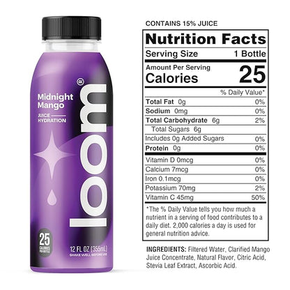 Midnight Mango Juice Drinks by Loom, Low Sugar Juice, Real Fruit, No Added Sugar, 30 Calories, Vegan, Gluten Free, 12 oz bottles, 12 pack