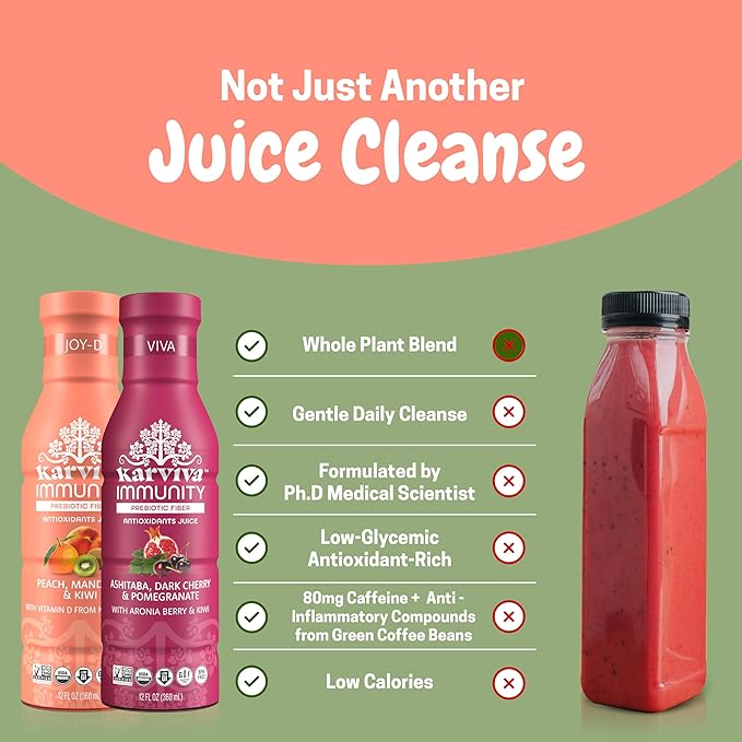 Karviva 3-Day Organic Juice Cleanse, Low-Sugar, Immunity Boost with Vitamin C & D, Inspired by Ancient Detox Tonic, Prebiotic Fiber, Electrolytes & Antioxidants, Gluten-Free (6 Bottle, 12 fl.oz. each)