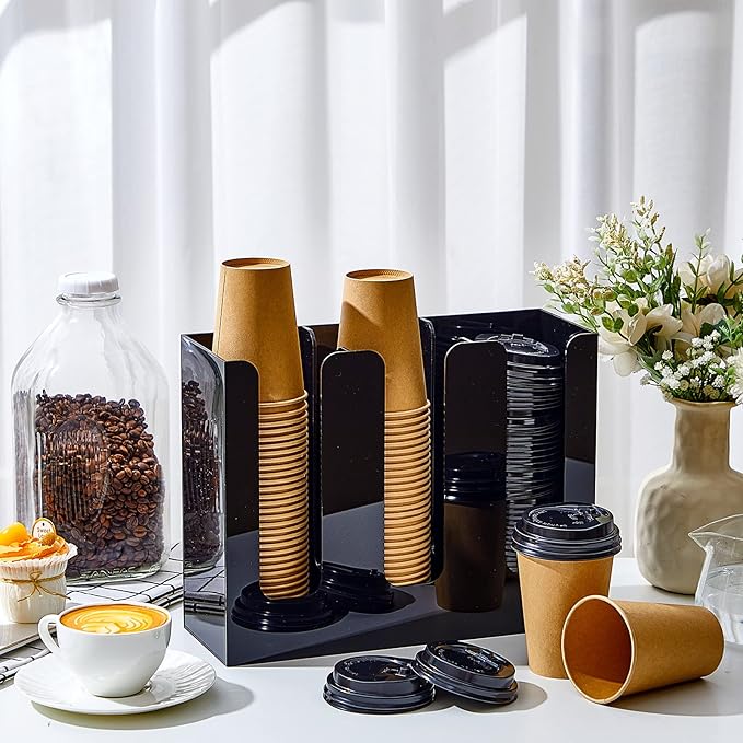 Mumufy 2 Pack 3 Compartments Acrylic Cup Storage Organizer, Disposable Paper Cup Dispenser, Coffee Lid Sleeve Holder for Countertop Restaurant Breakroom Coffee Station Bar Shop Party Supplies