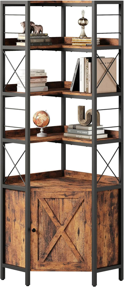 IRONCK Bookshelves 5 Tiers, Corner Bookshelf with Baffles, Bookcase and Bookshelf with Doors, Industrial Display Bookshelves for Living Room, Kitchen