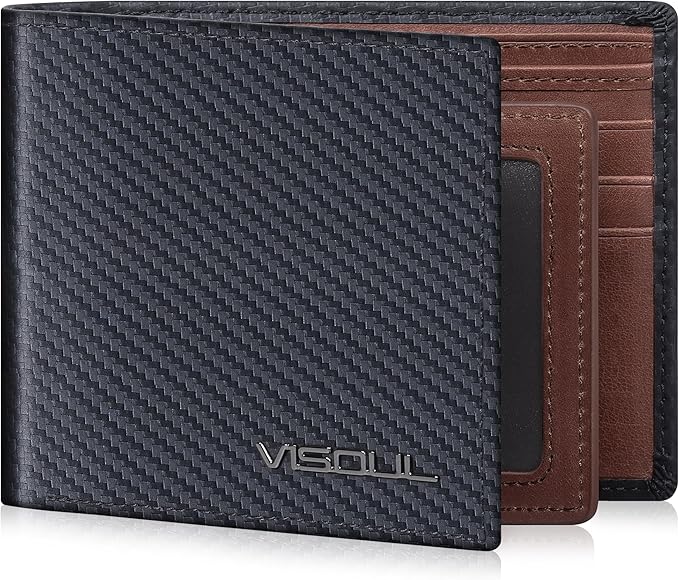 VISOUL Leather Mens Bifold RFID Blocking Wallet with 2 ID Windows, Leather Wallet for Men (Carbon Fiber, Black+Brown)
