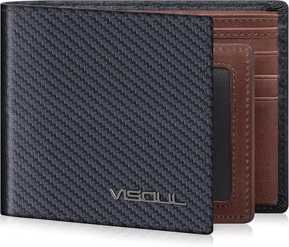 VISOUL Leather Mens Bifold RFID Blocking Wallet with 2 ID Windows, Leather Wallet for Men (Carbon Fiber, Black+Brown)