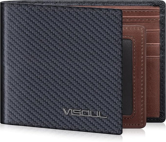 VISOUL Leather Mens Bifold RFID Blocking Wallet with 2 ID Windows, Leather Wallet for Men (Carbon Fiber, Black+Brown)
