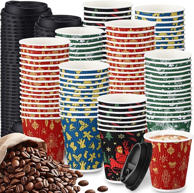 Foaincore 100 Sets Christmas Disposable Coffee Cups 12 oz Insulated Ripple Wall Paper Cup with Lid, Xmas Disposable Coffee Espresso Cups for Tea Cold Hot Drinking Party Supplies (Warm)