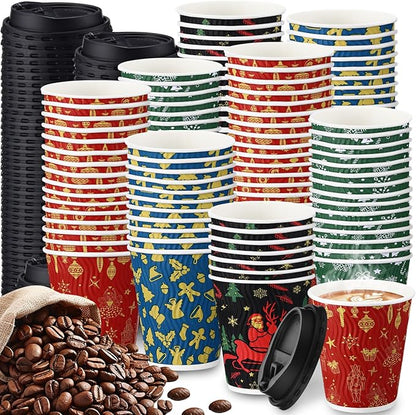 Foaincore 100 Sets Christmas Disposable Coffee Cups 12 oz Insulated Ripple Wall Paper Cup with Lid, Xmas Disposable Coffee Espresso Cups for Tea Cold Hot Drinking Party Supplies (Warm)