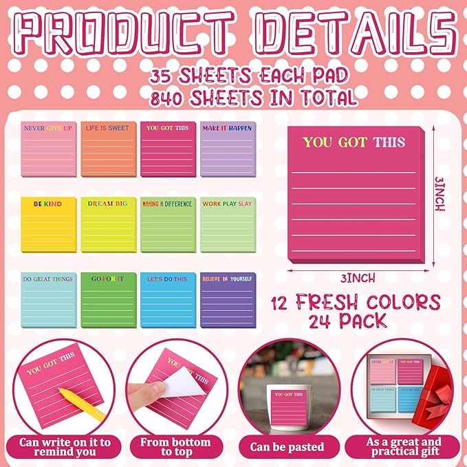 Yinder 12 Pcs Employee Appreciation Sticky Notes Xmas Gift Bulk Motivation Note Pads Mini Inspirational Note Gift for Teacher Nurse Staff Coworker Office Supply 3 x 3'' (Motivational,Dark Color)