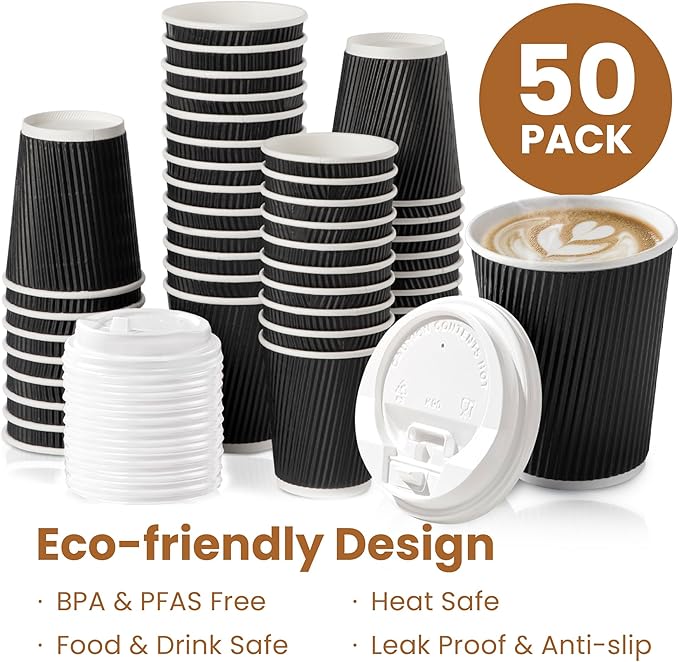 Fit Meal Prep 50 Pack 12 oz Black Disposable Coffee Cups with Lids & Stirrers, Corrugated Triple Wall To Go Hot Cups, Insulated Paper Coffee Cups for Hot Beverages, Travel, Home, Office (White Lids)