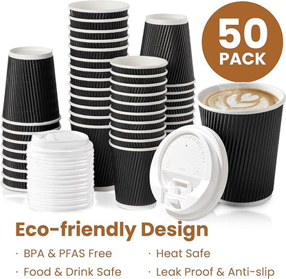 Fit Meal Prep 50 Pack 12 oz Black Disposable Coffee Cups with Lids & Stirrers, Corrugated Triple Wall To Go Hot Cups, Insulated Paper Coffee Cups for Hot Beverages, Travel, Home, Office (White Lids)