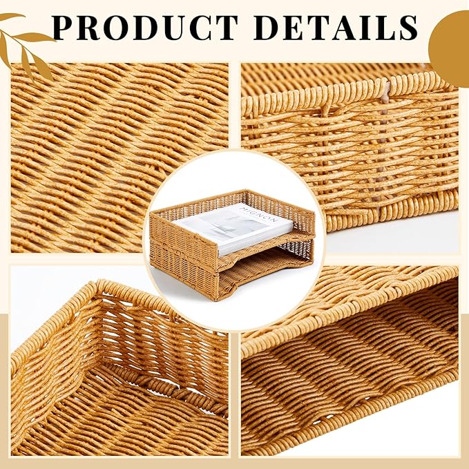 Yeaqee 2 Pcs Paper Tray Organizer for Desk Woven Letter File Organizer A4 File Tray Desk Paper Basket Letter Size Imitation Rattan Holder Organization Rack for Office Storage(Brown,Wheat Ear Pattern)
