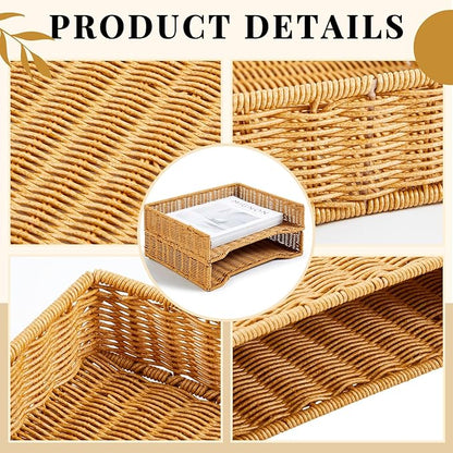 Yeaqee 2 Pcs Paper Tray Organizer for Desk Woven Letter File Organizer A4 File Tray Desk Paper Basket Letter Size Imitation Rattan Holder Organization Rack for Office Storage(Brown,Wheat Ear Pattern)