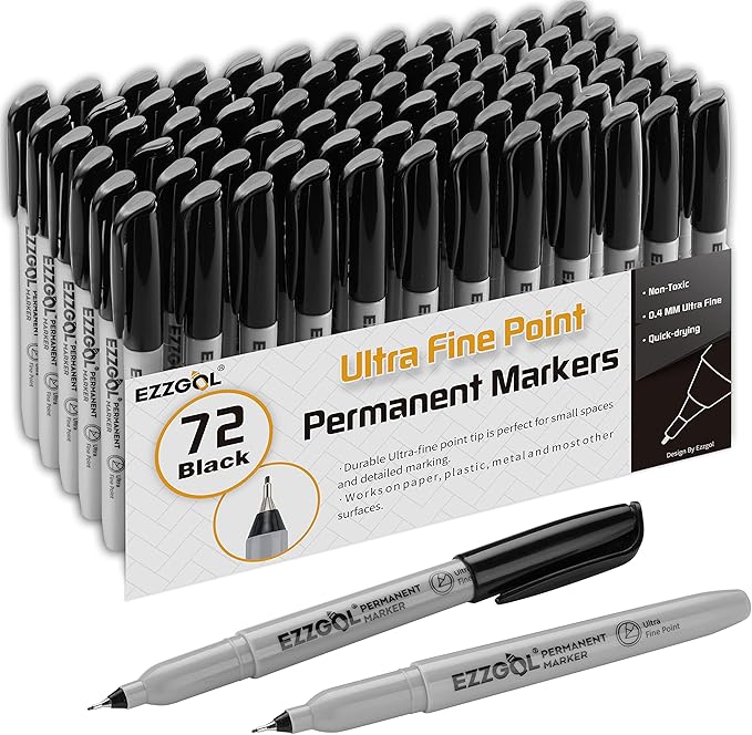 Ultra Fine Permanent Marker, 72 Pack Ultra Fine Point Black Permanent Marker set, Works on Plastic,Wood,Stone,Metal and Glass for Doodling, Marking