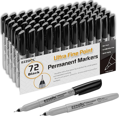Ultra Fine Permanent Marker, 72 Pack Ultra Fine Point Black Permanent Marker set, Works on Plastic,Wood,Stone,Metal and Glass for Doodling, Marking
