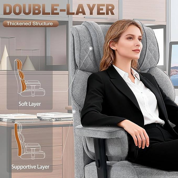 Vonesse Big and Tall Office Chair, Computer Chair with Soft Adjustable Armrests, Ergonomic Gaming Chair with Breathable Linen Design, Executive Chairs with Footrest (Linen Fabric,Light Gray)