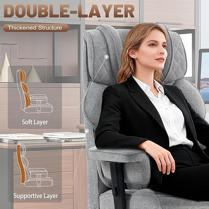 Vonesse Big and Tall Office Chair, Computer Chair with Soft Adjustable Armrests, Ergonomic Gaming Chair with Breathable Linen Design, Executive Chairs with Footrest (Linen Fabric,Light Gray)
