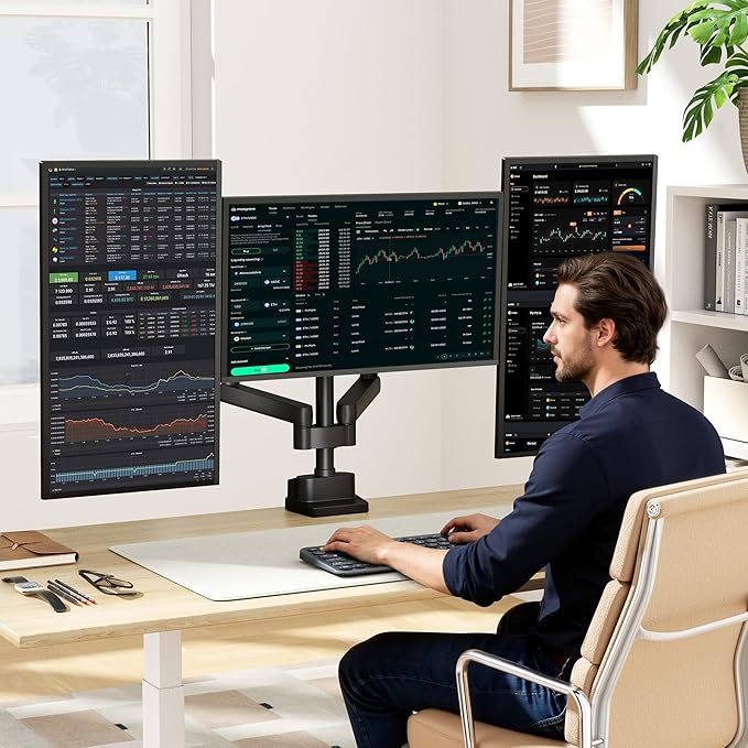 monTEK Triple Monitor Mount for Max 27 inch Computer Screens, 3 Monitor Desk Mount Each Arms Holds up to 19.8lbs, Three Monitors Desk Arm with Swivel, Tilt, Rotation, MA1009PBK-T